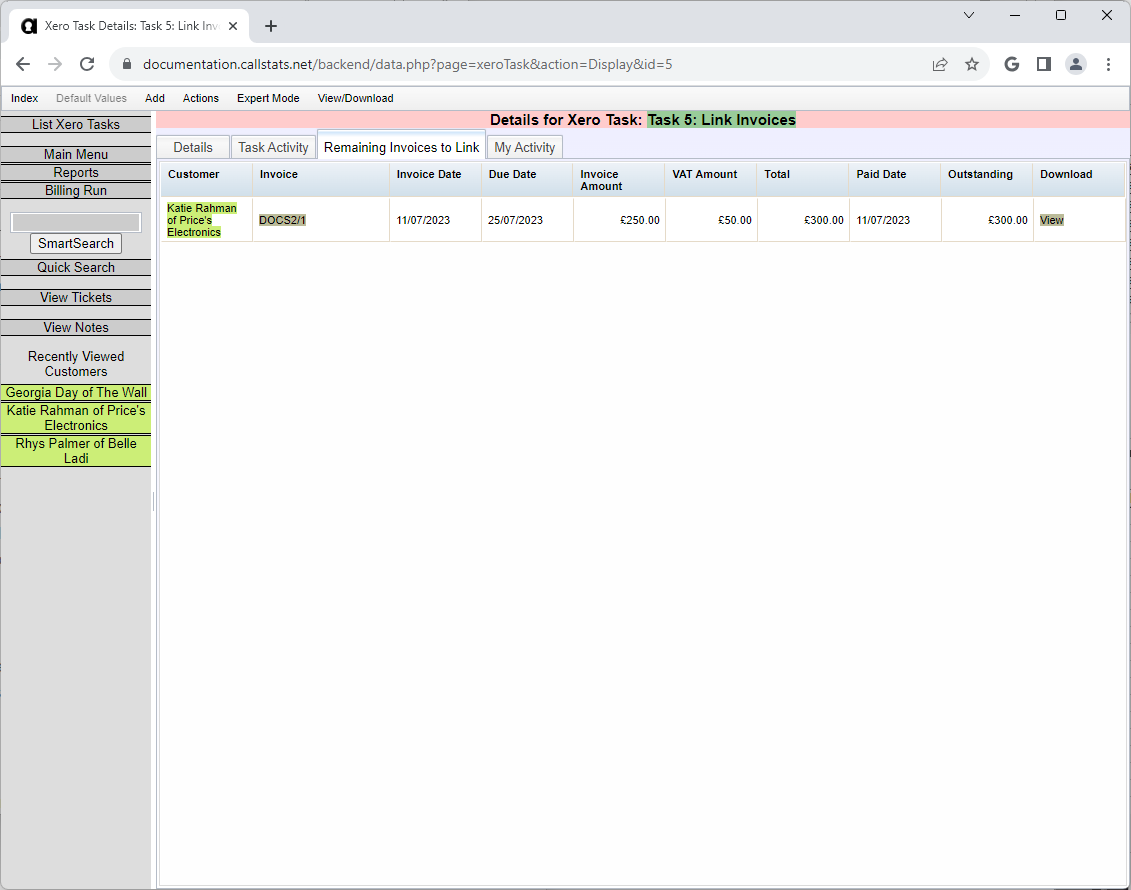 Invoices Linked Remaining