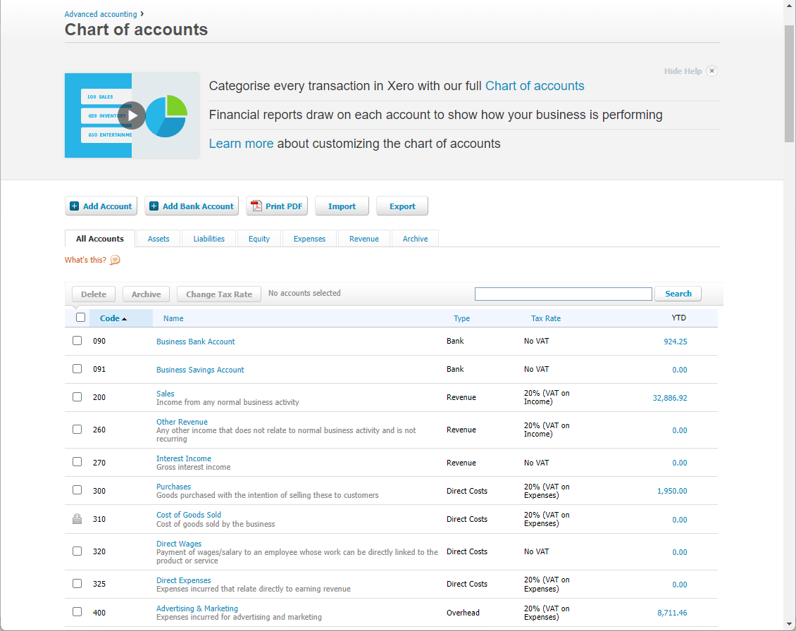 Xero Chart of Accounts